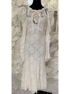 Vintage 80s Lorrie Kabala Lace Dress Long Sleeve Boho Bridal New Size S 8 Prom